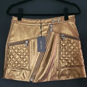 AS by DF NWT Leather  Bronze Mini Skirt 15" Zip Closure W/2 Snaps Size Small